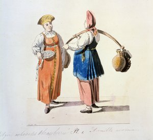 Series sur les marchands de Moscow: mejeri. Dairywoman (Fra serien The Moscow Merchants). Tegning af Christian Gottfried Heinrich Geissler (1770-1844)
