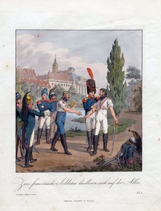 ""duellen mellem to franske soldater"" Akvarel af Christian Gottfried Heinrich Geissler (1770-1844) 1808 Privat samling