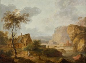 Bjerglandskab med flod og gård