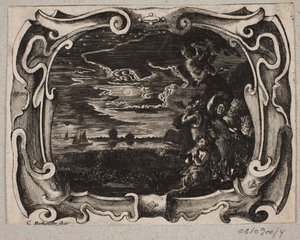 Emblem med satyrer samlet ved et træ ved nattetid af Christian Rothgiesser