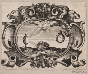 Emblem med sol, der stråler gennem en ring og gennem et brændeglas, så der antændes et bål af Christian Rothgiesser