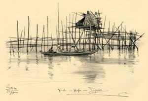 Hus på pæle og fiskere i Singapore Harbour, 1898. af Christian Wilhelm Allers