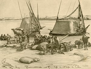 Lastning af bomuld på kornbåde, Nilen, Kairo, Egypten, 1898. af Christian Wilhelm Allers