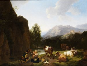Hvilende familie ved siden af køer ved en flod af Christian Wilhelm Ernst Dietrich