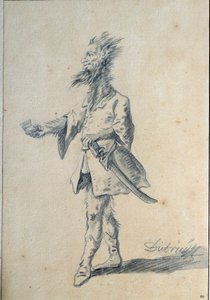 Vildmanden Karikatur, der forestiller en monstrøs mand med en lang, behåret hals og flækkede ører. Lavis af Christian Wilhelm Ernst Dietrich (1712-1774) 1700-tallet søn. 0,3x0,2 m Paris, Louvre-museet