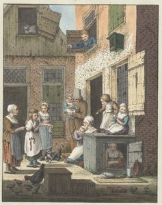 Gruppe mennesker foran et hus