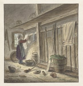 Hjørne af en stald med en pige, der hænger et klæde af Christina Chalon