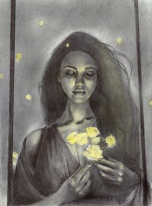 Drømmende kvinde og strålende blomster af Christine Lindstrom