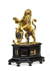 Striking and Automaton Lion Clock, ca. 1640 (forgyldt messing og ibenholt) af Christoff Miller