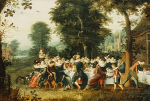 Elegante figurer siddende ved et banketbord i en skovklædt lysning,