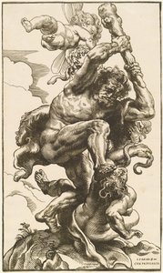 Hercules kæmper mod raseri og uenighed af Christoffel Jegher after Sir Peter Paul Rubens