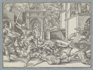 Kæmpende soldater i en by Slaget i Jerusalem af Christoffel van Sichem (I)