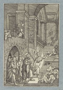 Peter og de andre apostle bliver løsladt fra fængslet af en engel af Christoffel van Sichem (II)