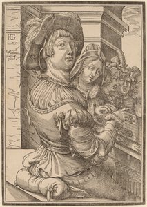 En ung mand spiller et psalterium af Christoffel van Sichem I after Hendrik Goltzius