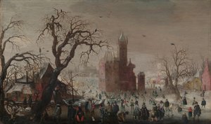 Et vinterlandskab med skøjteløbere og et imaginært slot, ca. 1615-20. af Christoffel van den Berghe