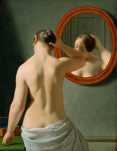 En nøgen kvinde ordner sit hår foran et spejl af Christoffer Wilhelm Eckersberg