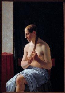 Sidder nøgen model. Portræt af en kvinde, der fletter sit hår (fletning). Maleri af Christoffer Wilhelm Eckersberg (1783-1853)