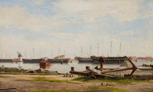 Parti af Nyholm med kranen og nogle krigsskibe af Christoffer Wilhelm Eckersberg