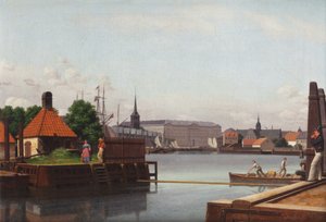 Bourse, Christiansborg og Holmens kirke, set fra stedet for det asiatiske kompagni. af Christoffer Wilhelm Eckersberg