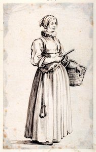 Figur med kurv og kniv (pen og brunt blæk på papir)