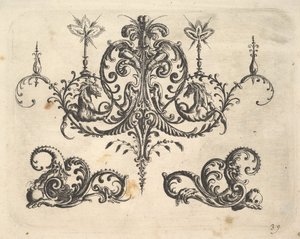 En fantastisk lysekrone med brændende stearinlys og arabesker, nogle ender med fantastisk hest..., 1610.