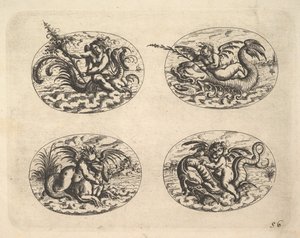 Fire ovaler med Genii, plader fra Neue Grotessken Buch, 1610.