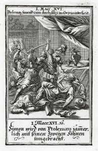 Simon og hans to sønner bliver dræbt af Ptolemæus.1 Makkabæerbrevet 14:16, 1695
