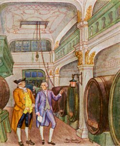 Weinkellerei / Vingård (farvelitografi)