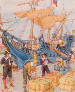 Hafen Mit Tabakballen / Havn med tobaksballer (farvelitografi)