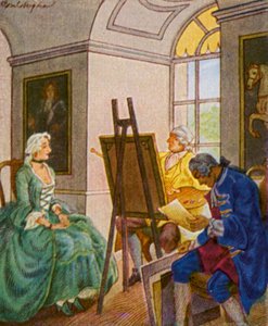 Portratsitzung Im Schloss / Portrætsession på slottet (farvelitografi)