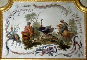 Strudsejagtpanel i den store stue i slottet af marker på mergel. Vægdekor malet af Christophe Huet af Christophe Huet