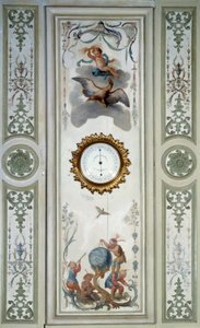 Panel af den store stue på Chateau de Champs sur Marne med barometer og chinoiserie. Vægdekoration malet af Christophe Huet (1700-1759) af Christophe Huet