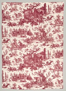 Strimmel af kobbertrykt bomuld med Les plaisirs de la ferme-design, 1785-1790.