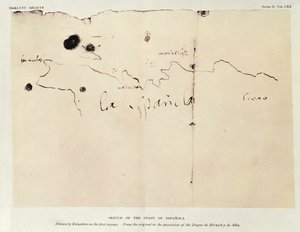 Skitse af Espanolas kyst, tegnet af Columbus på den første rejse, fra originalen i Duque de Berwick y de Albas besiddelse, 1492 (blæk på papir)