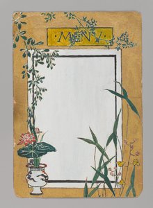 Menukort med bambus og blomster, ca. 1880. Akvarel, sort blæk og metallisk maling
