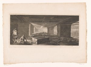 Etruskisk gravkammer i Tarquinia med en tegner til venstre oplyst med en fakkel af Christopher Norton