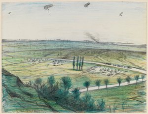 Landskab med observationsballoner, 1914-18 (blyant og farveblyant på papir) af Christopher Richard Wynne Nevinson
