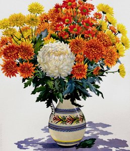 Krysantemum i mønstret kande, 2005 (wc på papir) af Christopher Ryland