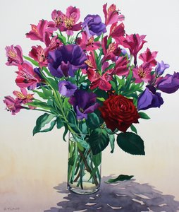 Blomster med rød rose (akvarel på papir) af Christopher Ryland
