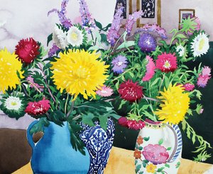 Interiør med asters (akvarel på papir) af Christopher Ryland