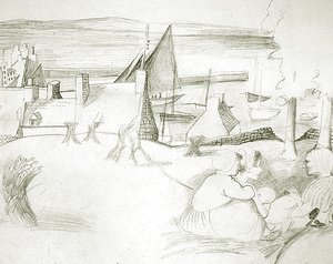Breton Fishing Village, ca. 1929-30 (blyant på papir) af Christopher Wood