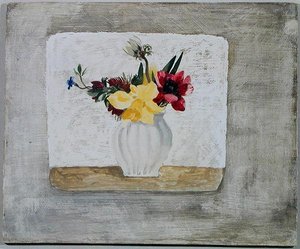 Forårsblomster i en hvid krukke, ca. 1930