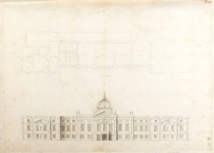 Hampton Court Palace, delplan og skitseopstalt for en indgangsfacade, sandsynligvis for 2. skema, nummereret 5 & 6
