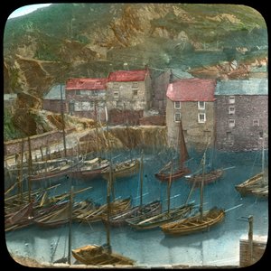 Fiskerbåde i havnen, Polperro, Cornwall, slutningen af det 19. eller begyndelsen af det 20. århundrede