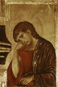 Krucifiks: Detalje af Sankt Johannes (tempera på træ