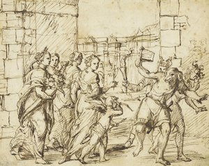 Den lupercalske festival i Rom: Amor og frugtbarhedspersonligheder møder Luperci klædt ud som hunde og geder af Circle of Adam Elsheimer