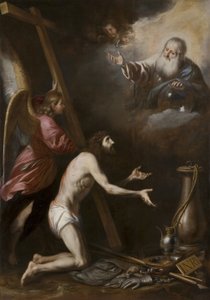 Spansk: Cristo flagelado arrodillado ante Dios Padre (Den piskede Kristus knæler foran Gud Fader) af Circle of Antonio del Castillo y Saavedra