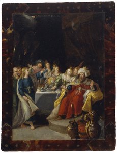 Belshazzars fest, ingen dato (olie på kobber) af Circle of Frans Francken the Younger