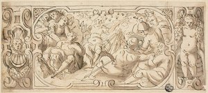 Design til dekorativ frise med Josef, der fortolker sin drøm for sine brødre af Circle of Giovanni Battista Castello