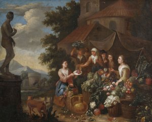 Salg af grøntsager og blomster i en italiensk markedsbod. af Circle of Norbert van Bloemen